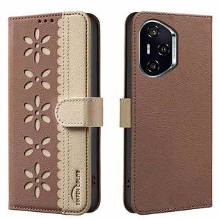 For Honor 300 Pro 5G / 300 Ultra 5G Splicing Color Hollow Flower Pattern RFID Leather Phone Case(Brown)