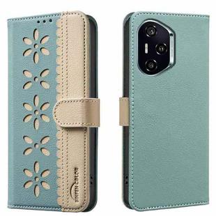 For Honor 300 Pro 5G / 300 Ultra 5G Splicing Color Hollow Flower Pattern RFID Leather Phone Case(Green)