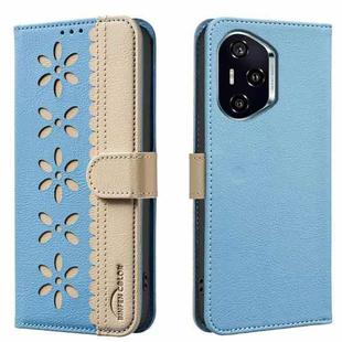For Honor 300 Pro 5G / 300 Ultra 5G Splicing Color Hollow Flower Pattern RFID Leather Phone Case(Baby Blue)