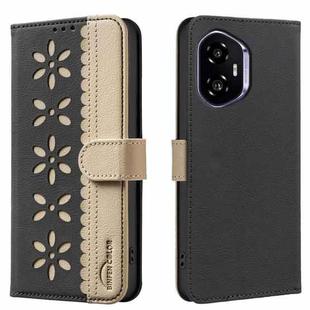 For Honor 300 Splicing Color Hollow Flower Pattern RFID Leather Phone Case(Black)
