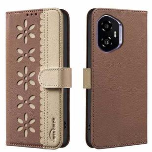 For Honor 300 Splicing Color Hollow Flower Pattern RFID Leather Phone Case(Brown)