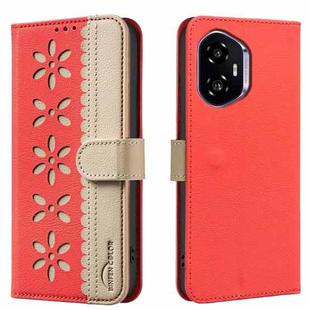 For Honor 300 Splicing Color Hollow Flower Pattern RFID Leather Phone Case(Red)