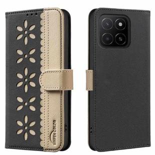 For Honor X5B Splicing Color Hollow Flower Pattern RFID Leather Phone Case(Black)