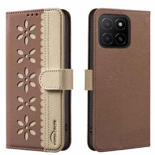 For Honor X5B Splicing Color Hollow Flower Pattern RFID Leather Phone Case(Brown)