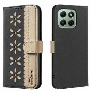 For Honor X6B Splicing Color Hollow Flower Pattern RFID Leather Phone Case(Black)