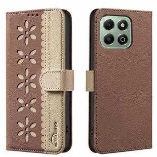 For Honor X6B Splicing Color Hollow Flower Pattern RFID Leather Phone Case(Brown)