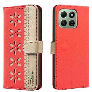 For Honor X6B Splicing Color Hollow Flower Pattern RFID Leather Phone Case(Red)
