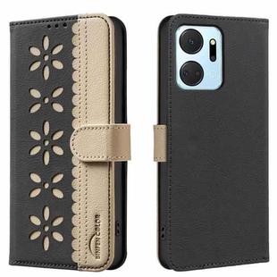 For Honor X7A Splicing Color Hollow Flower Pattern RFID Leather Phone Case(Black)