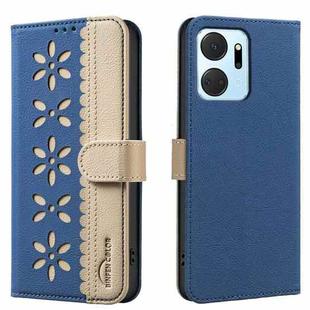 For Honor X7A Splicing Color Hollow Flower Pattern RFID Leather Phone Case(Dark Blue)
