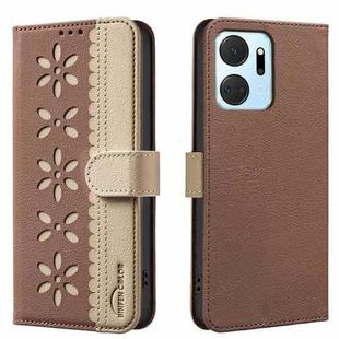 For Honor X7A Splicing Color Hollow Flower Pattern RFID Leather Phone Case(Brown)