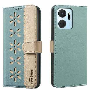 For Honor X7A Splicing Color Hollow Flower Pattern RFID Leather Phone Case(Green)