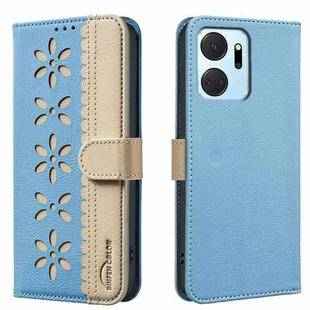 For Honor X7A Splicing Color Hollow Flower Pattern RFID Leather Phone Case(Baby Blue)