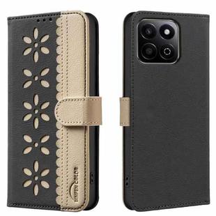 For Honor X7C / 200 Smart 5G Splicing Color Hollow Flower Pattern RFID Leather Phone Case(Black)