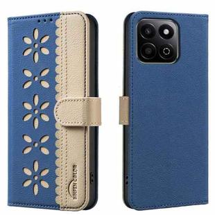 For Honor X7C / 200 Smart 5G Splicing Color Hollow Flower Pattern RFID Leather Phone Case(Dark Blue)