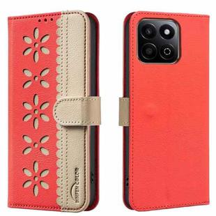 For Honor X7C / 200 Smart 5G Splicing Color Hollow Flower Pattern RFID Leather Phone Case(Red)