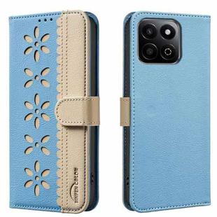 For Honor X7C / 200 Smart 5G Splicing Color Hollow Flower Pattern RFID Leather Phone Case(Baby Blue)