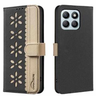 For Honor X8B Splicing Color Hollow Flower Pattern RFID Leather Phone Case(Black)