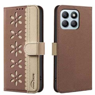 For Honor X8B Splicing Color Hollow Flower Pattern RFID Leather Phone Case(Brown)