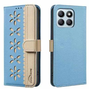 For Honor X8B Splicing Color Hollow Flower Pattern RFID Leather Phone Case(Baby Blue)