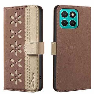 For Honor X8C Splicing Color Hollow Flower Pattern RFID Leather Phone Case(Brown)