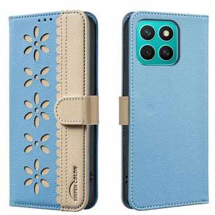 For Honor X8C Splicing Color Hollow Flower Pattern RFID Leather Phone Case(Baby Blue)