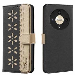 For Honor X9B / Magic6 Lite Splicing Color Hollow Flower Pattern RFID Leather Phone Case(Black)