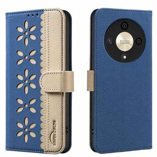 For Honor X9B / Magic6 Lite Splicing Color Hollow Flower Pattern RFID Leather Phone Case(Dark Blue)