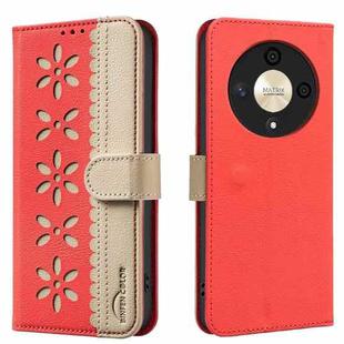 For Honor X9B / Magic6 Lite Splicing Color Hollow Flower Pattern RFID Leather Phone Case(Red)
