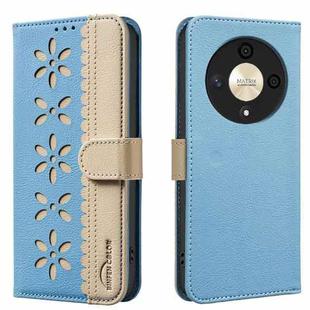 For Honor X9B / Magic6 Lite Splicing Color Hollow Flower Pattern RFID Leather Phone Case(Baby Blue)