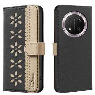 For Honor X9C / Magic7 Lite Splicing Color Hollow Flower Pattern RFID Leather Phone Case(Black)