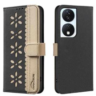 For Honor X7B Splicing Color Hollow Flower Pattern RFID Leather Phone Case(Black)
