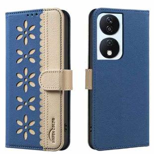 For Honor X7B Splicing Color Hollow Flower Pattern RFID Leather Phone Case(Dark Blue)
