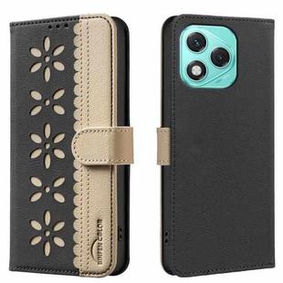 For Honor 400 Lite Splicing Color Hollow Flower Pattern RFID Leather Phone Case(Black)