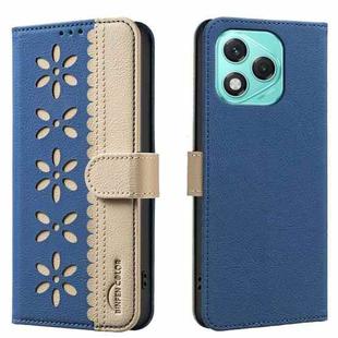 For Honor 400 Lite Splicing Color Hollow Flower Pattern RFID Leather Phone Case(Dark Blue)