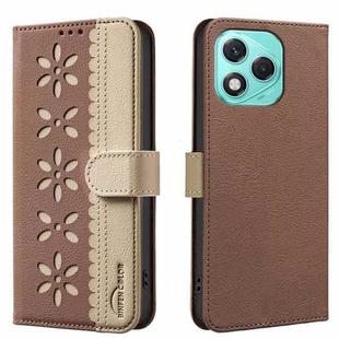 For Honor 400 Lite Splicing Color Hollow Flower Pattern RFID Leather Phone Case(Brown)