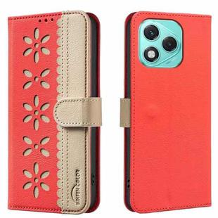 For Honor 400 Lite Splicing Color Hollow Flower Pattern RFID Leather Phone Case(Red)