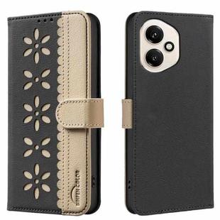 For Honor 400 Global 156.5mm Splicing Color Hollow Flower Pattern RFID Leather Phone Case(Black)