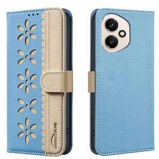 For Honor 400 Global 156.5mm Splicing Color Hollow Flower Pattern RFID Leather Phone Case(Baby Blue)