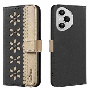 For Honor 400 Pro Global 160.8mm Splicing Color Hollow Flower Pattern RFID Leather Phone Case(Black)