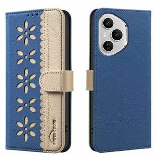 For Honor 400 Pro Global 160.8mm Splicing Color Hollow Flower Pattern RFID Leather Phone Case(Dark Blue)