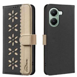 For Redmi Turbo 4 Splicing Color Hollow Flower Pattern RFID Leather Phone Case(Black)