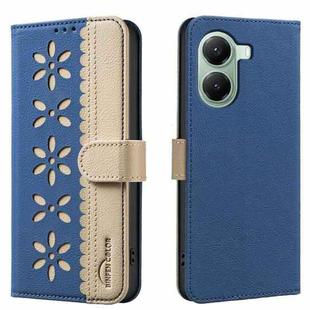 For Redmi Turbo 4 Splicing Color Hollow Flower Pattern RFID Leather Phone Case(Dark Blue)