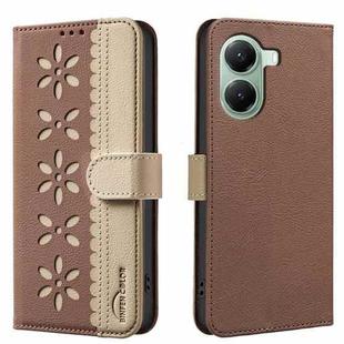 For Redmi Turbo 4 Splicing Color Hollow Flower Pattern RFID Leather Phone Case(Brown)