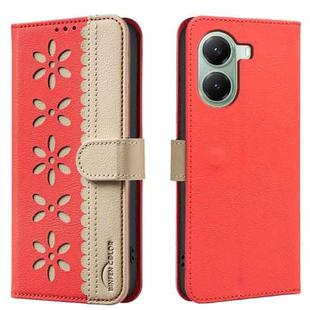 For Redmi Turbo 4 Splicing Color Hollow Flower Pattern RFID Leather Phone Case(Red)