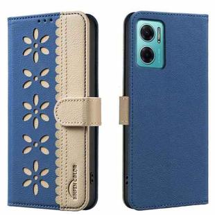 For Redmi 10 5G / Note 11 4G 6.5 inch Splicing Color Hollow Flower Pattern RFID Leather Phone Case(Dark Blue)