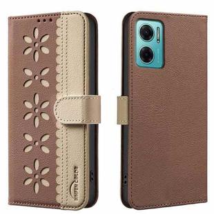 For Redmi 10 5G / Note 11 4G 6.5 inch Splicing Color Hollow Flower Pattern RFID Leather Phone Case(Brown)