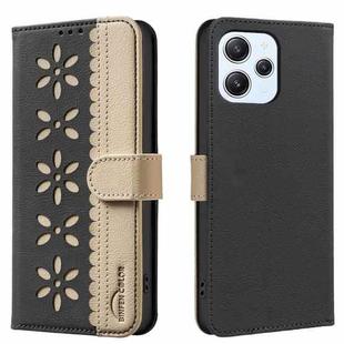 For Redmi 12 4G Splicing Color Hollow Flower Pattern RFID Leather Phone Case(Black)