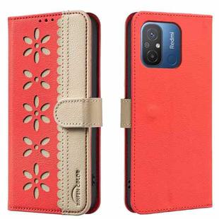 For Redmi 12C Splicing Color Hollow Flower Pattern RFID Leather Phone Case(Red)