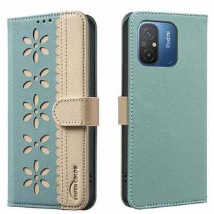 For Redmi 12C Splicing Color Hollow Flower Pattern RFID Leather Phone Case(Green)