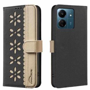 For Redmi 13C Splicing Color Hollow Flower Pattern RFID Leather Phone Case(Black)